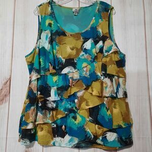 Worthington Shirt Ladies 3x Sleeveless Tiered Aquamarine Gold Flowy‎